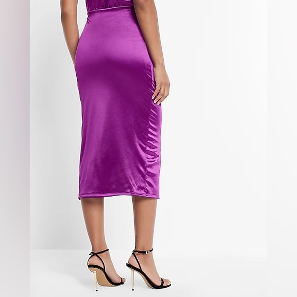 Satin Super High Waisted Ruched Side Slit Midi Skirt - Picture 2 of 4